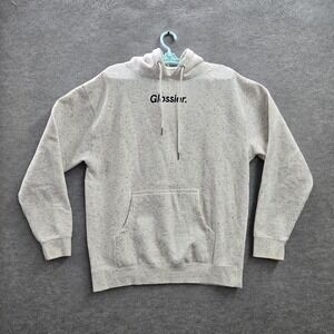 Glossier Men Hoodie M Light Gray Speckled‎ Hand Smile Logo Graphics Long Sleeve